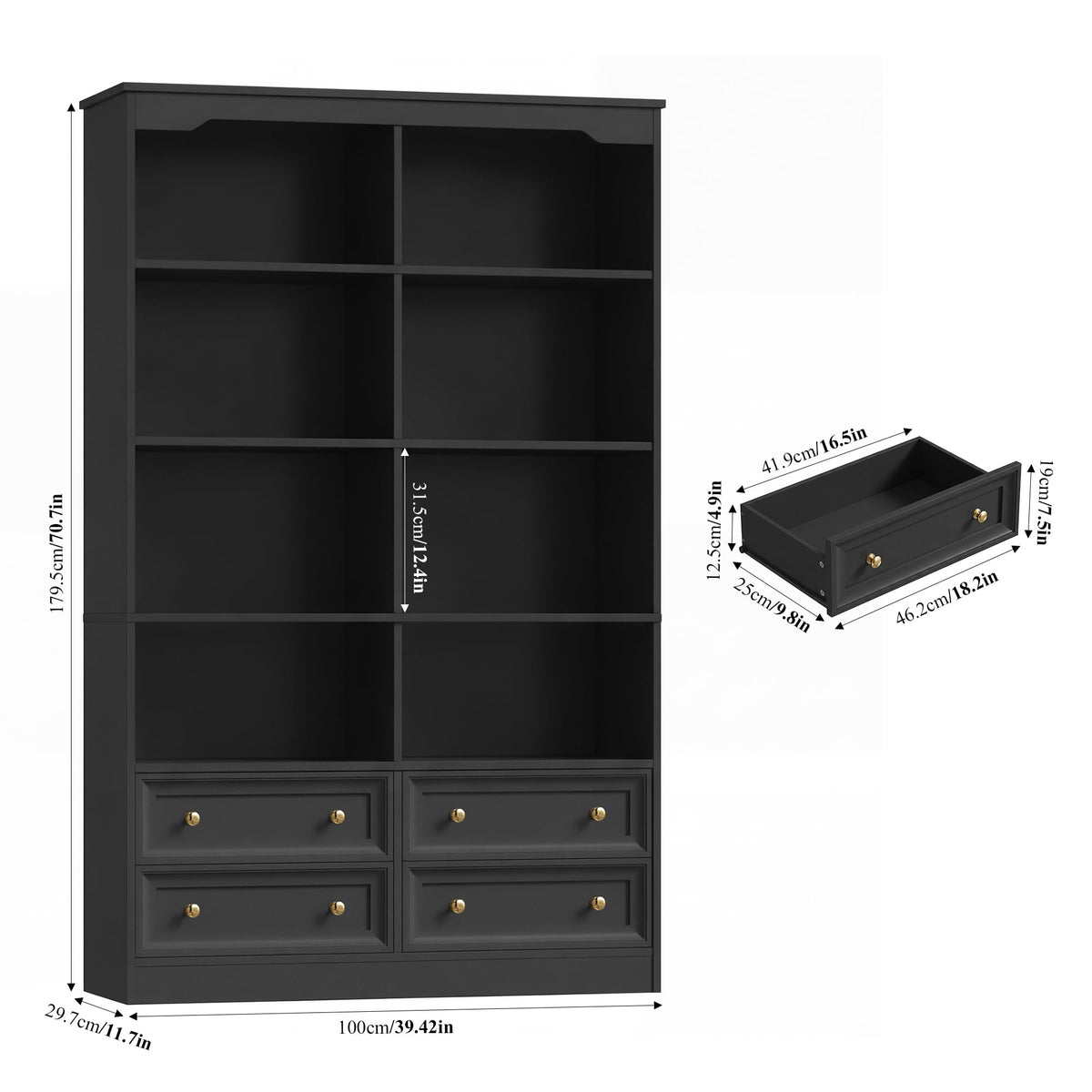 71" Tall Black Bookshelf with 4 Drawers H6888