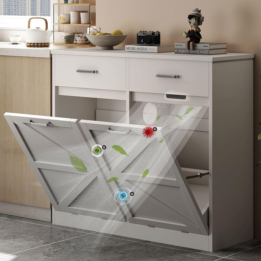 White Wooden Tilt Out Trash Cabinet Q7073