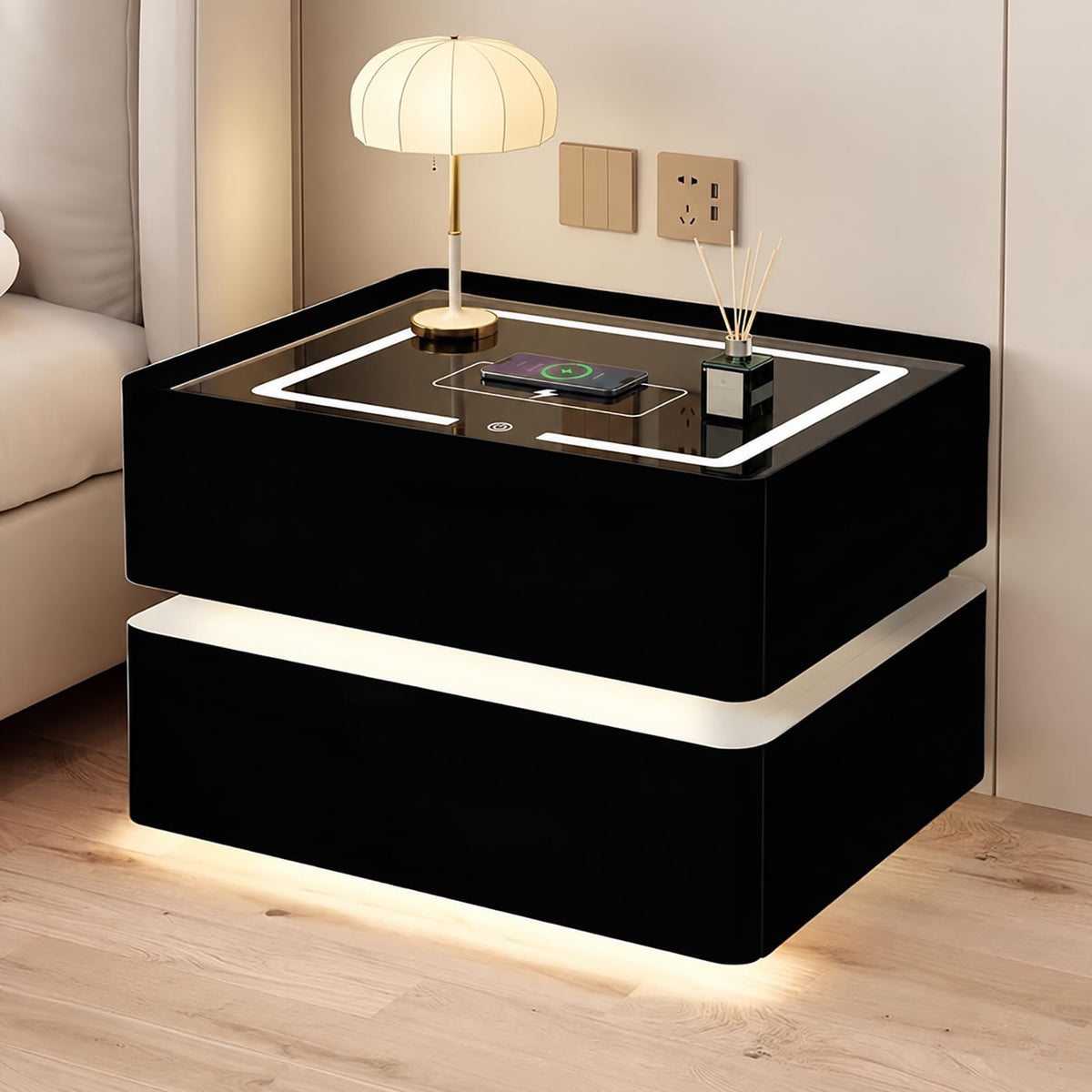 Black Solid Wood Nightstand with Wireless Charging and Drawers N204