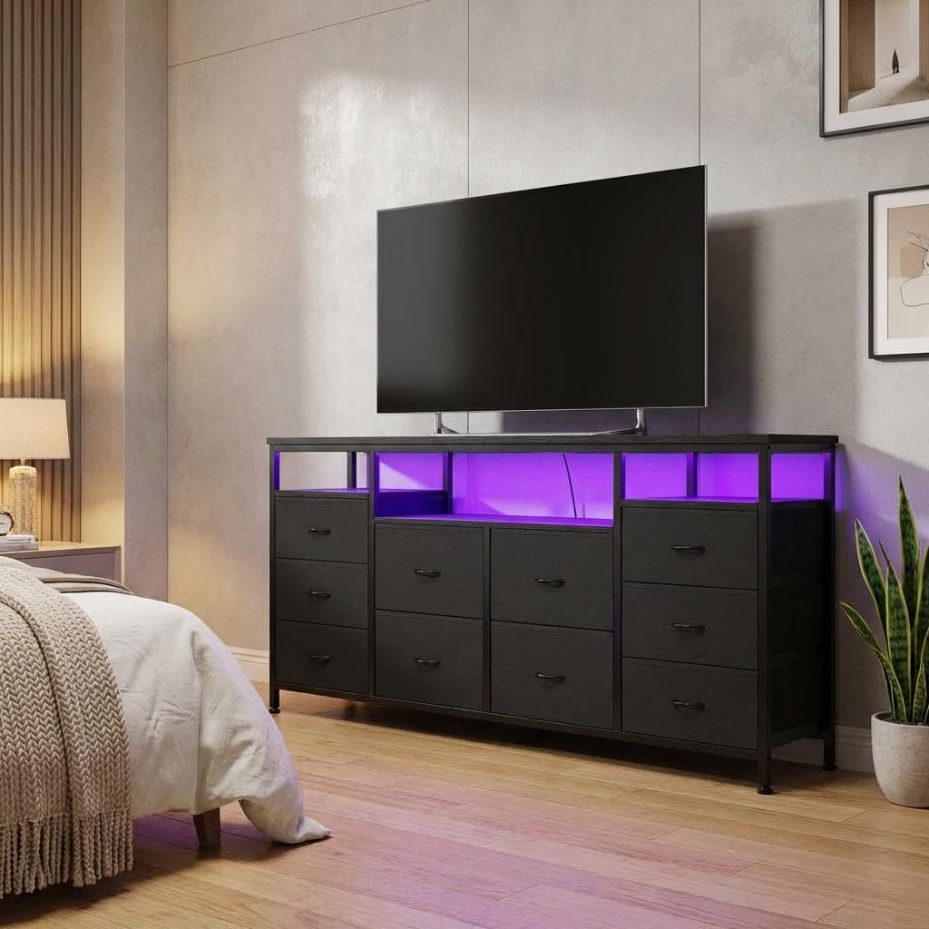 Black 10 Fabric Drawer Dresser with LED Lights & Power Outlets A81817