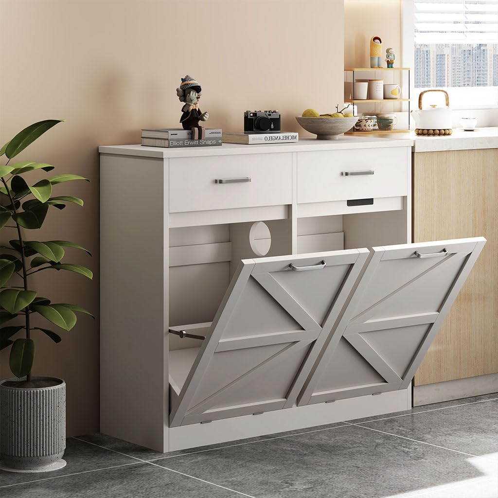 White Wooden Tilt Out Trash Cabinet Q7073