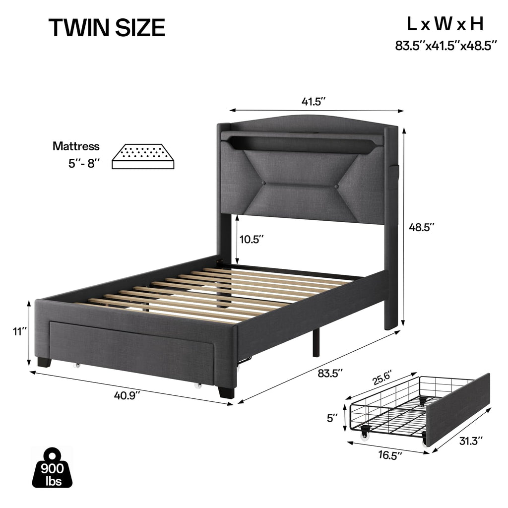 Twin Size Upholstered Bed Frame with Storage Headboard and Drawers T2859