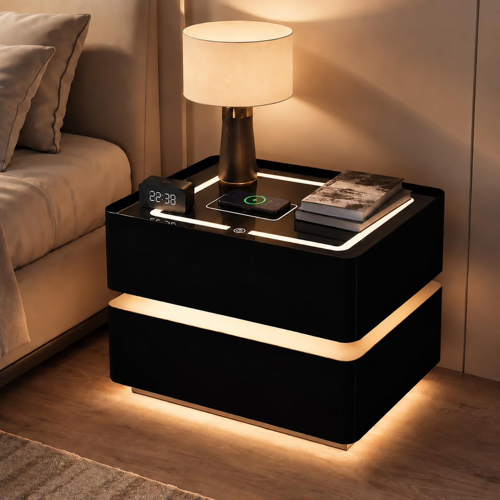 Black Solid Wood Nightstand with Wireless Charging and Drawers N204