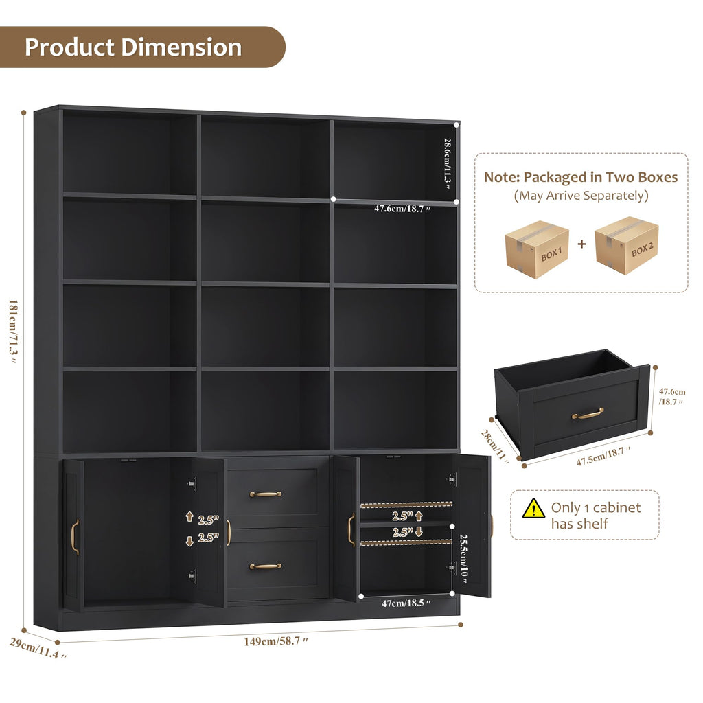 Black Tall Bookshelf with Storage Drawers & Doors Y9476