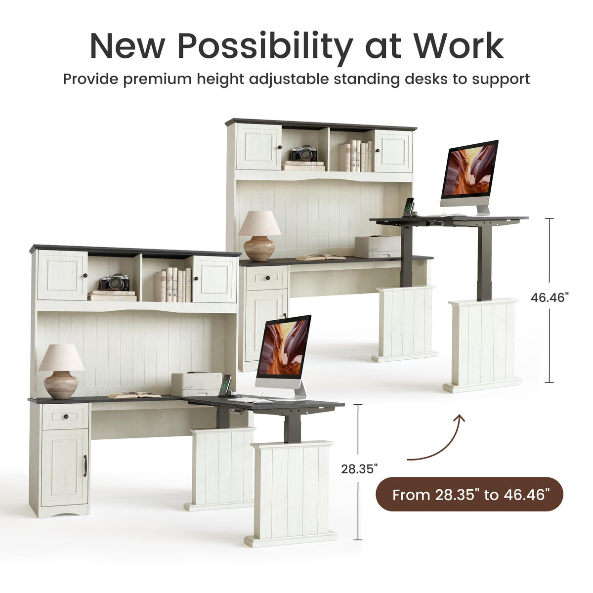 L Shaped Electric Standing Desk with Hutch and Drawers, Antique White K76885