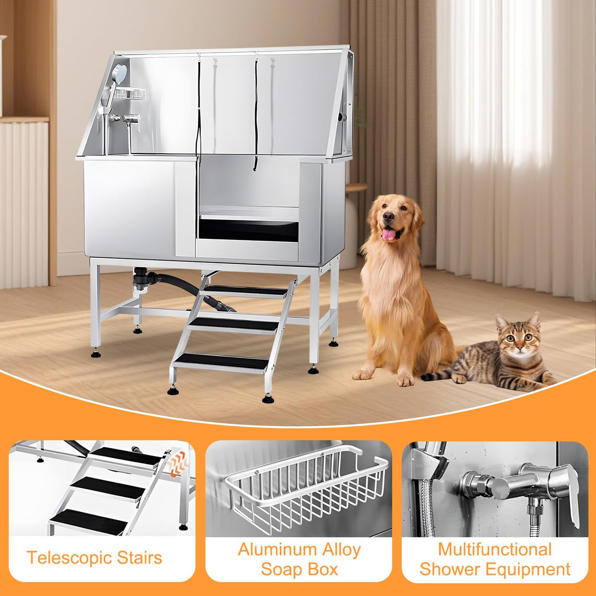 Stainless Steel Dog Grooming Tub with Stairs and Faucet Z894
