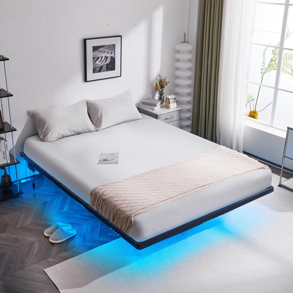14 Inch Full Floating Bed Frame with USB Charging Station and LED Lights J9373