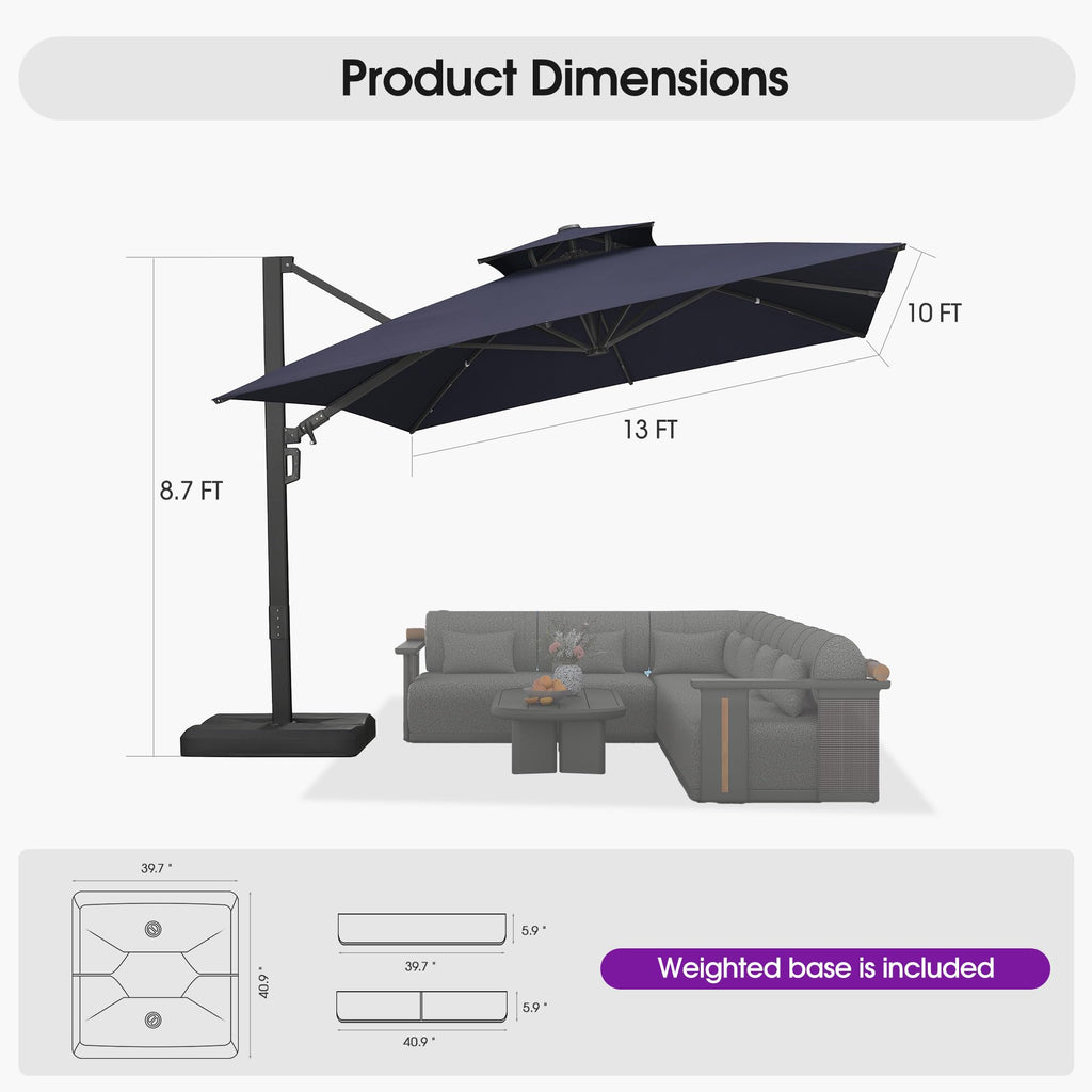 Navy Blue 10' X 13' Dual-Top Cantilever Umbrella with Base W664661