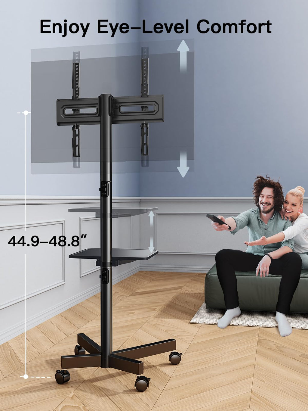 Rolling TV Stand on Wheels for 23-65 Inch TVs, Tilt Mobile TV Cart Holds up to 99 lbs with Adjustable Height Shelf E1197