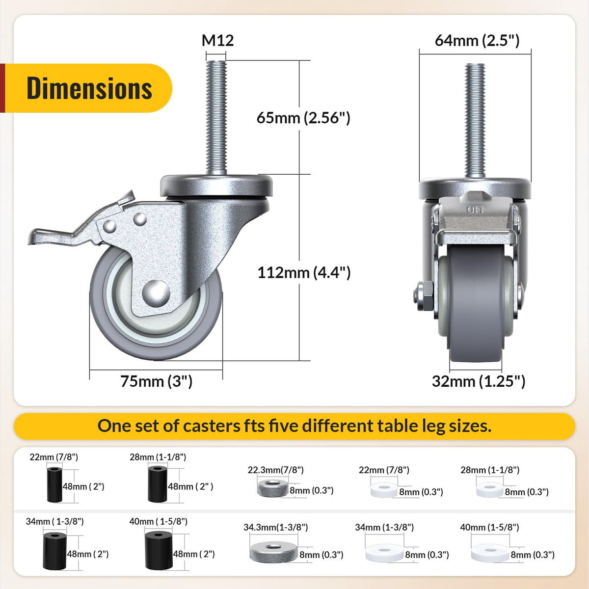 3 Inch Expanding Stem Locking Swivel Casters Set of 4 H30264