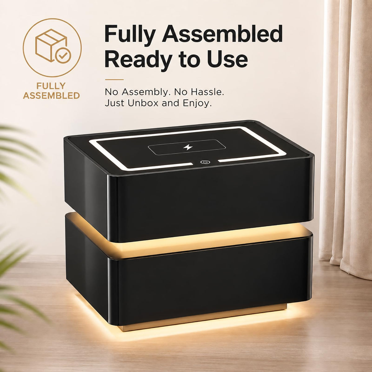 Black Solid Wood Nightstand with Wireless Charging and Drawers N204