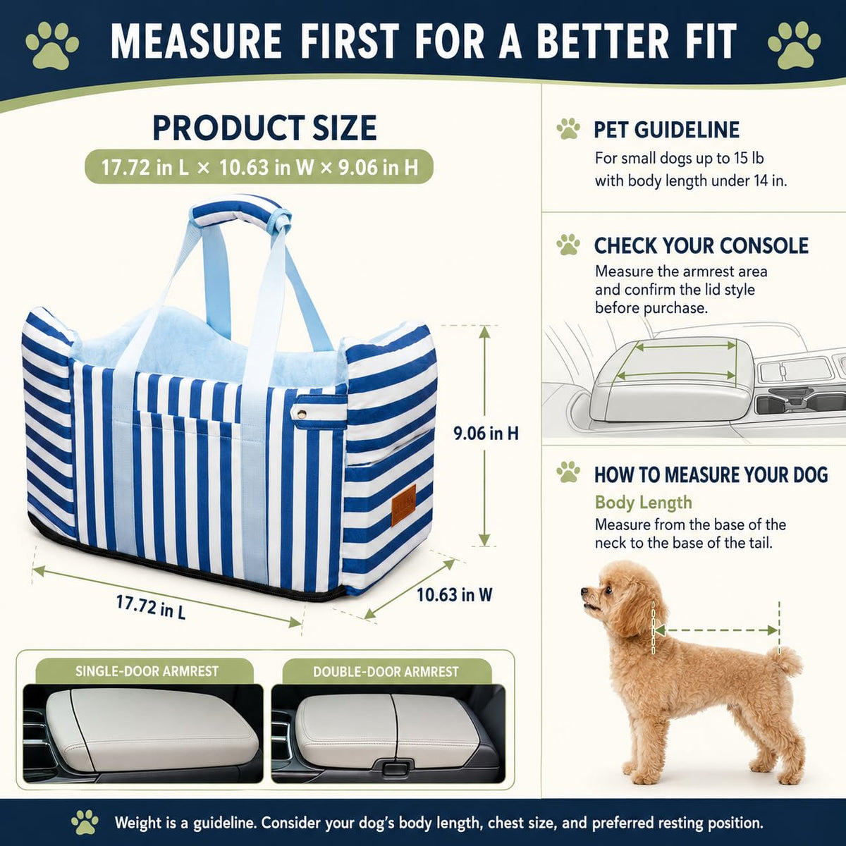 Dog Car Seat for Small Dogs to 15lbs Blue White Stripes U3189