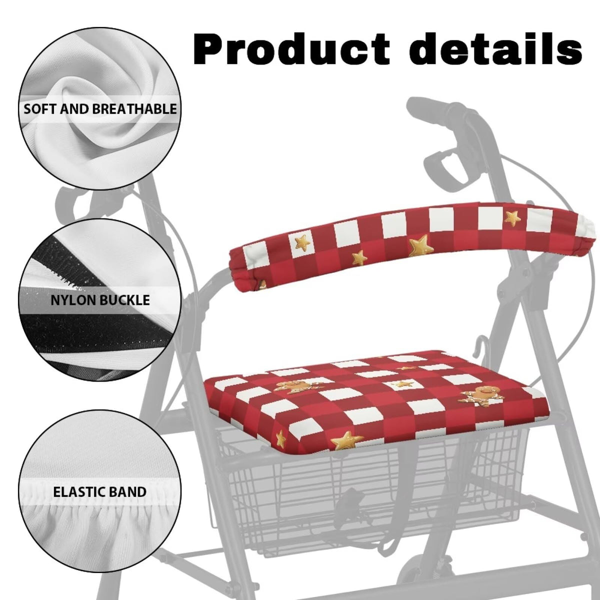 Red Lattice Rollator Walker Accessories Seat and Backrest Rollbar Covers Washable Z9327