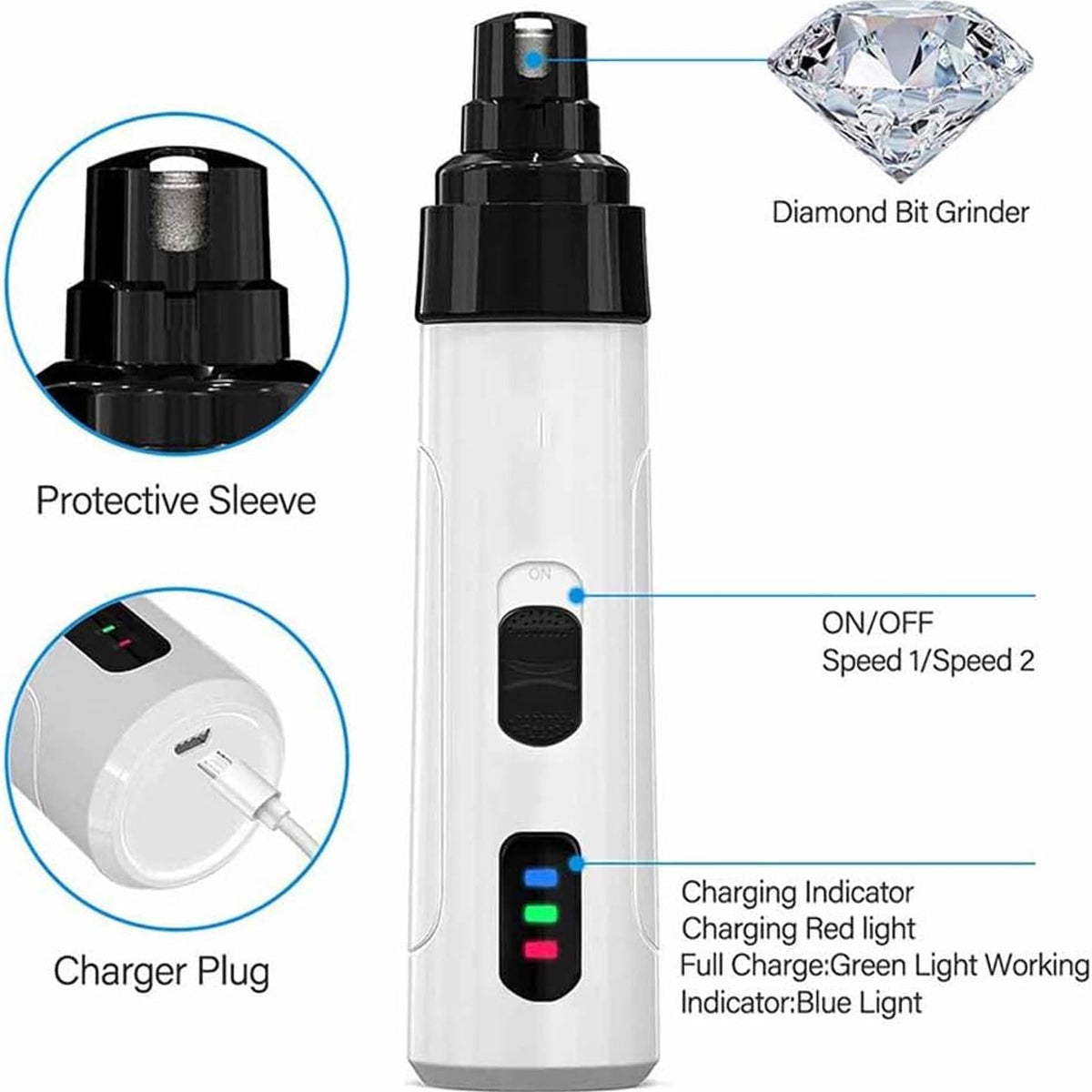 Electric Dog Nail Grinder & Trimmer Rechargeable Quiet Low Vibration Pet Grooming Tool with LED Light 2Pcs N833