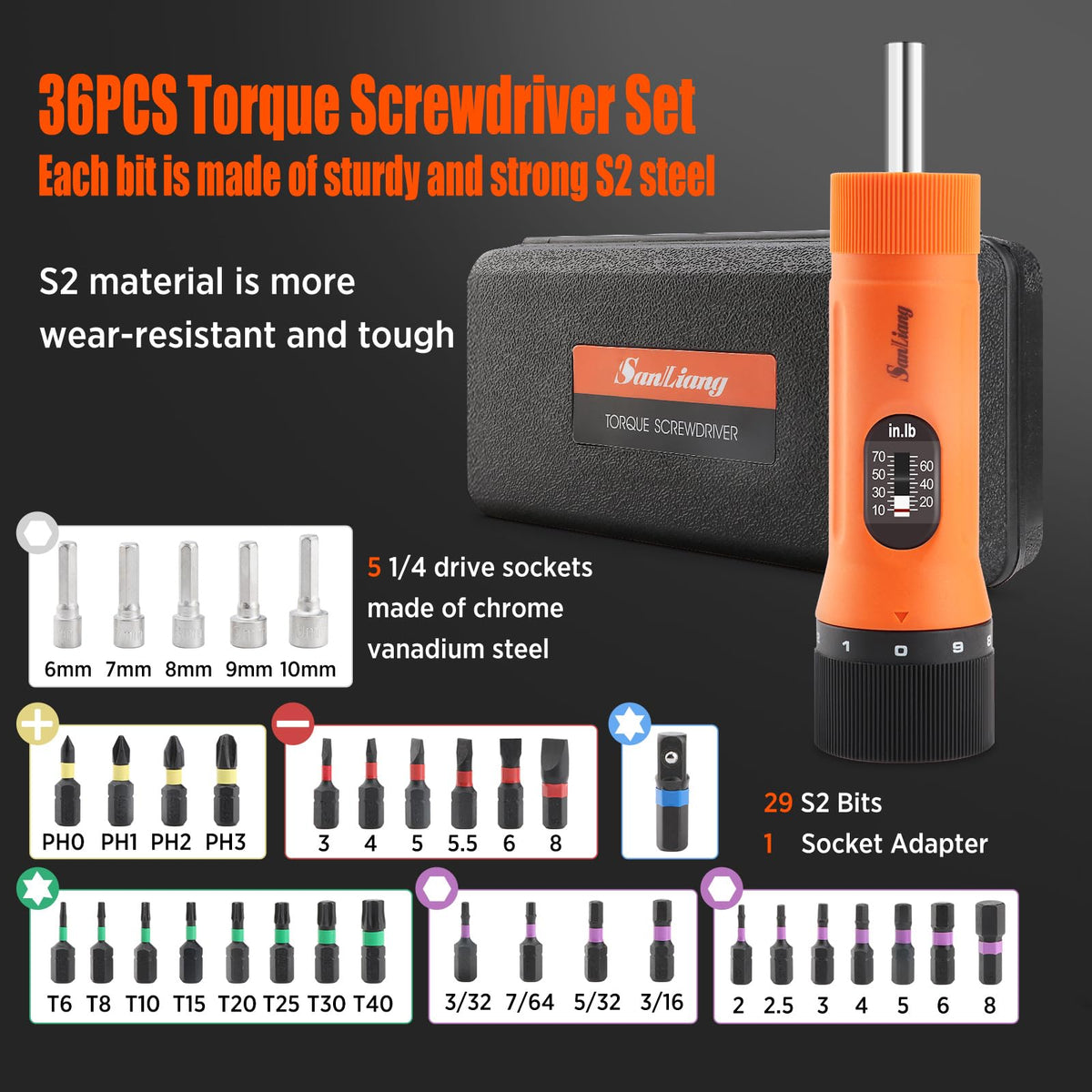 36Pcs Torque Screwdriver Wrench Set with 29 S2 Bits D9402