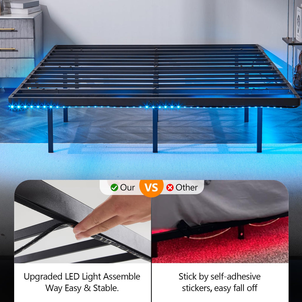 14 Inch Full Floating Bed Frame with USB Charging Station and LED Lights J9373