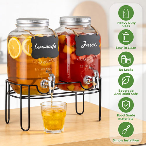 1 Gallon Glass Drink Dispenser 2 Pack with Fruit Infuser and Stand K358379