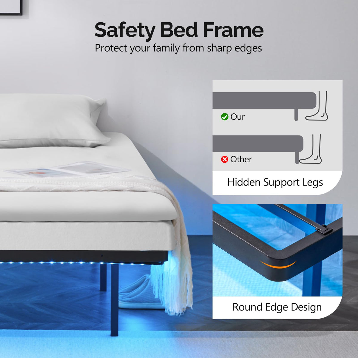 14 Inch Full Floating Bed Frame with USB Charging Station and LED Lights J9373