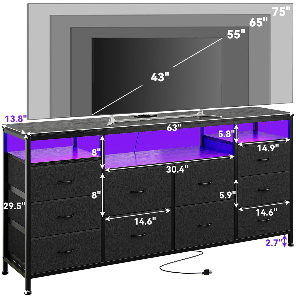 Black 10 Fabric Drawer Dresser with LED Lights & Power Outlets A81817