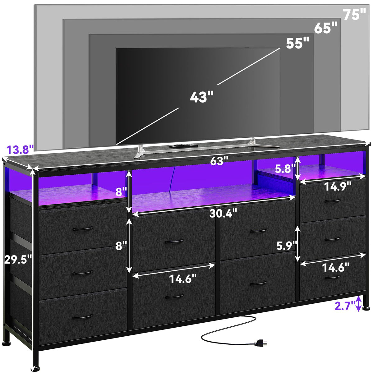 Black 10 Fabric Drawer Dresser with LED Lights & Power Outlets A81817