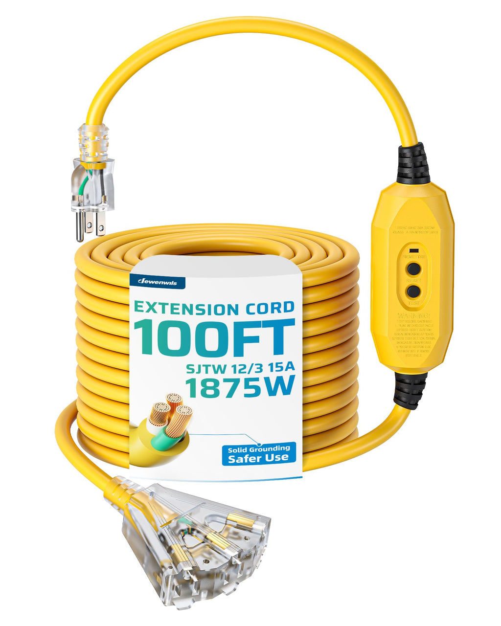100FT GFCI Extension Cord 3 Prong Plug 12/3 AWG SJTW D53486