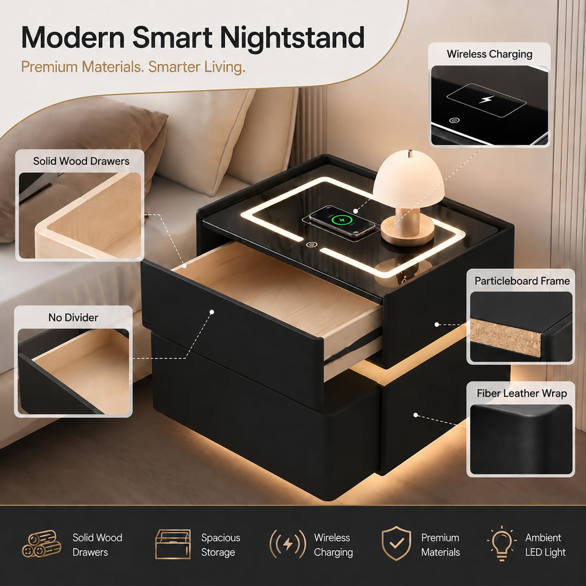 Black Solid Wood Nightstand with Wireless Charging and Drawers N204