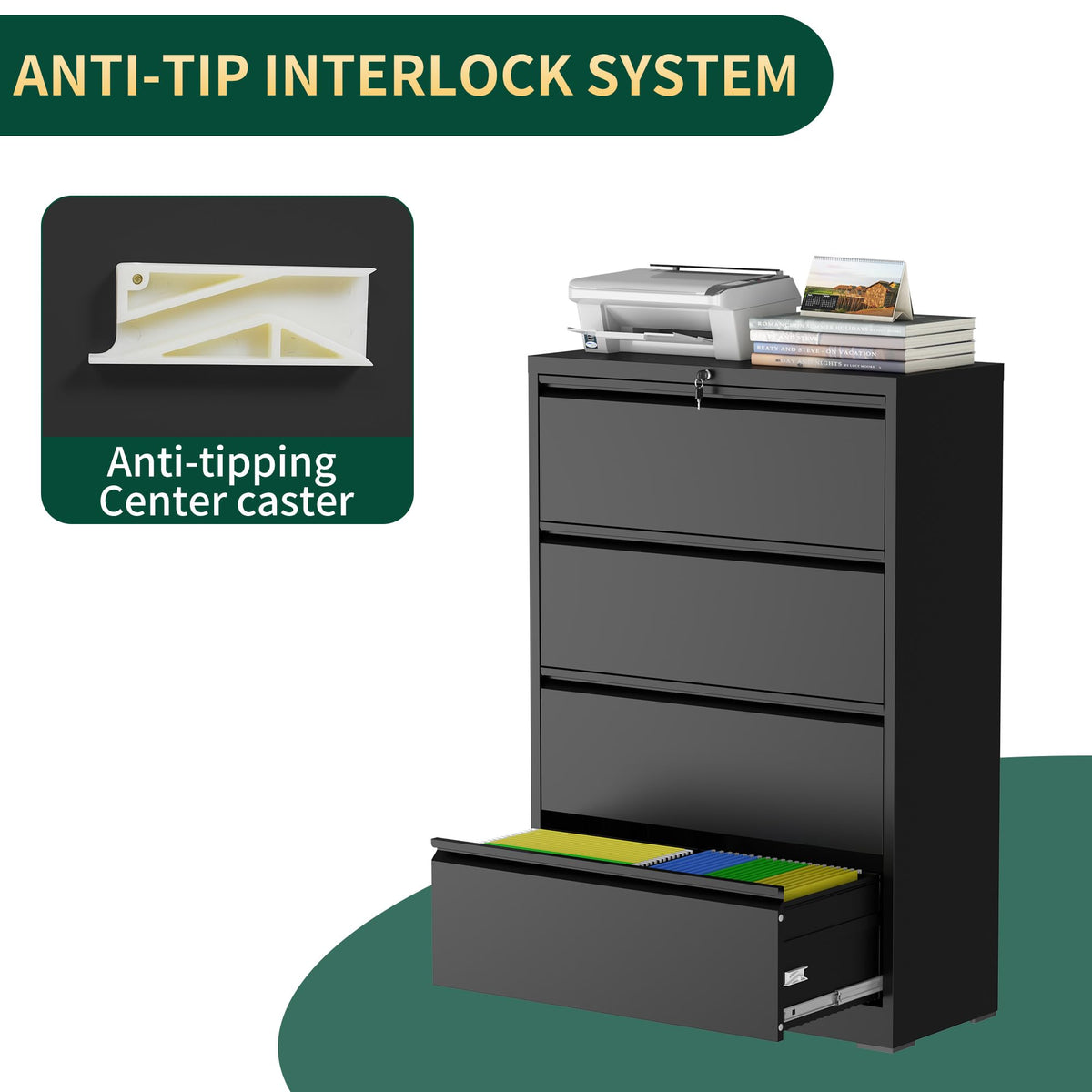 Black 4 Drawer Metal File Cabinet with Lock T868373