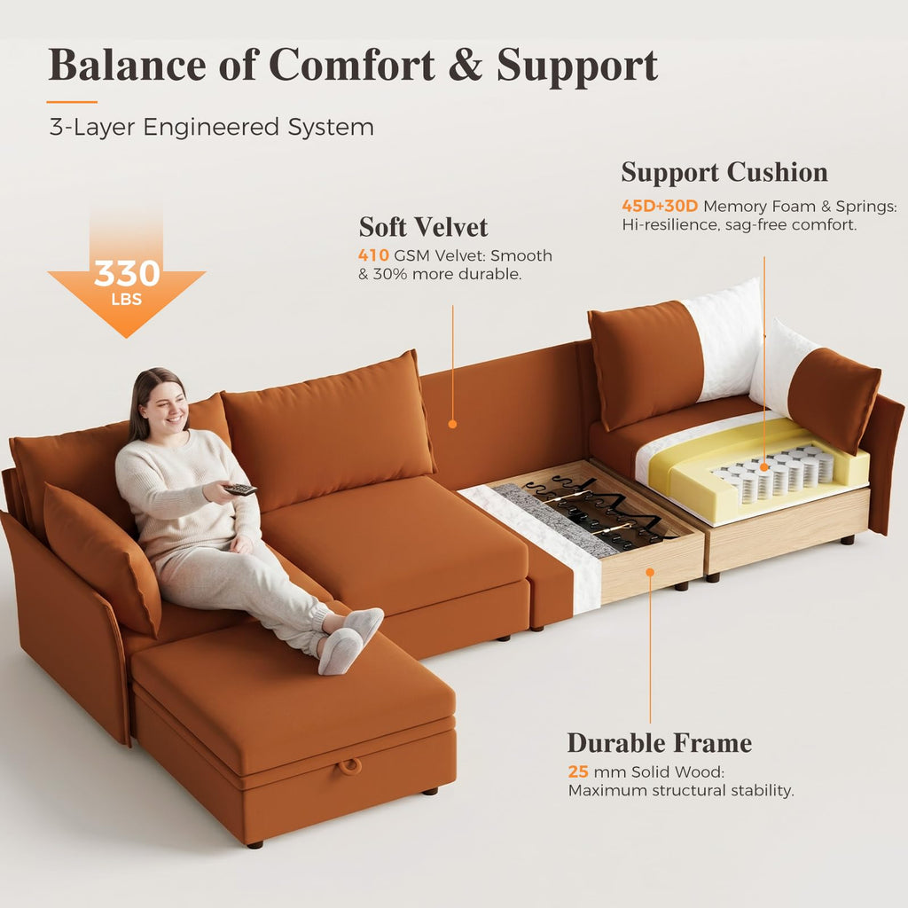 102.6" L Shaped 4 Seater Velvet Sectional Sofa with Storage Ottoman R671