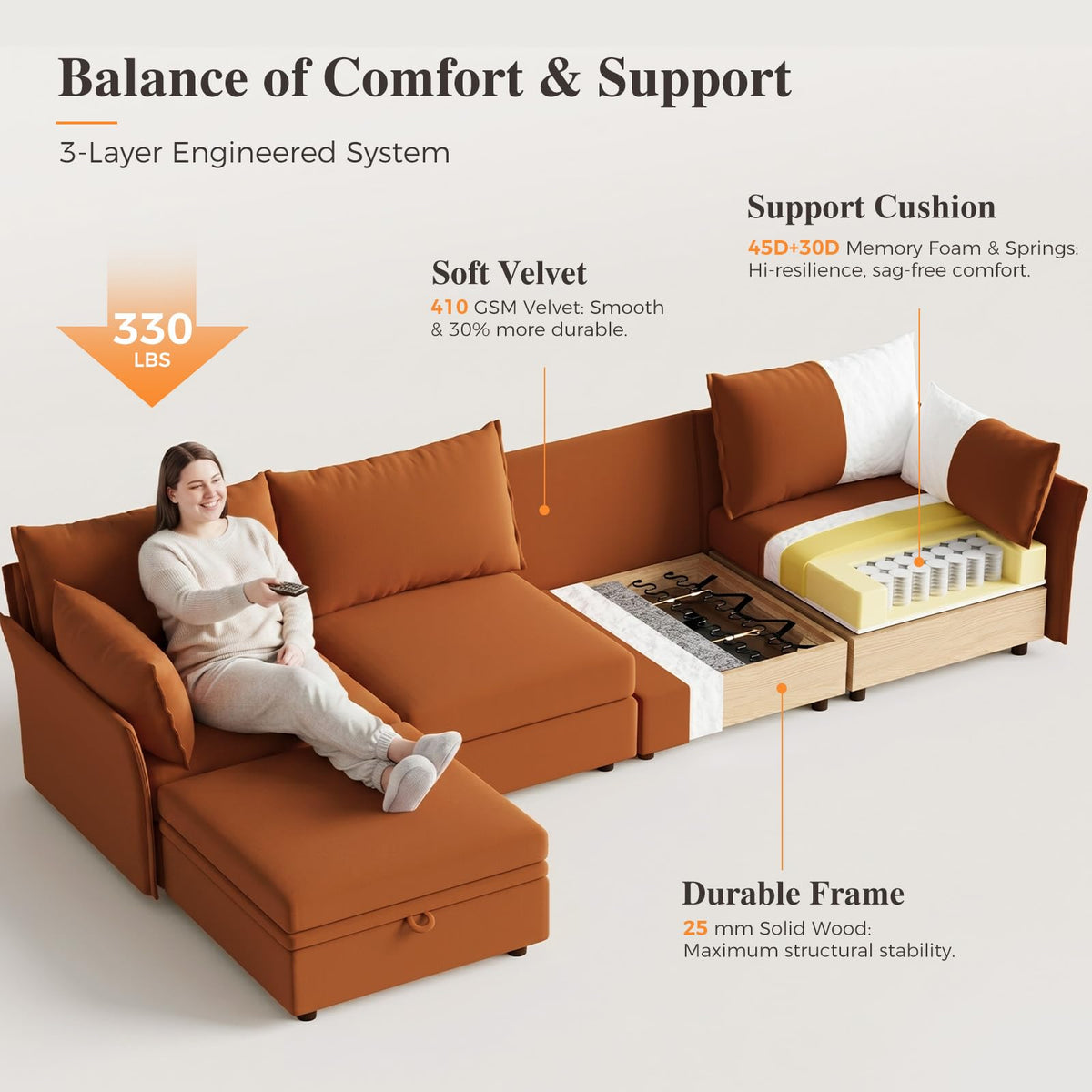 102.6" L Shaped 4 Seater Velvet Sectional Sofa with Storage Ottoman R671