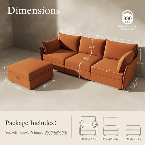 102.6" L Shaped 4 Seater Velvet Sectional Sofa with Storage Ottoman R671