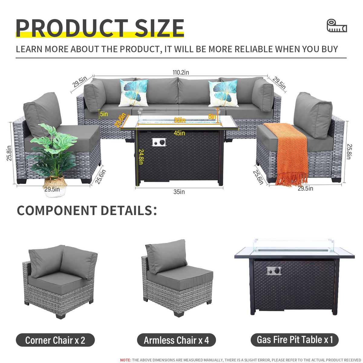 7 Pieces Wicker Patio Furniture Set with Fire Pit Table R959