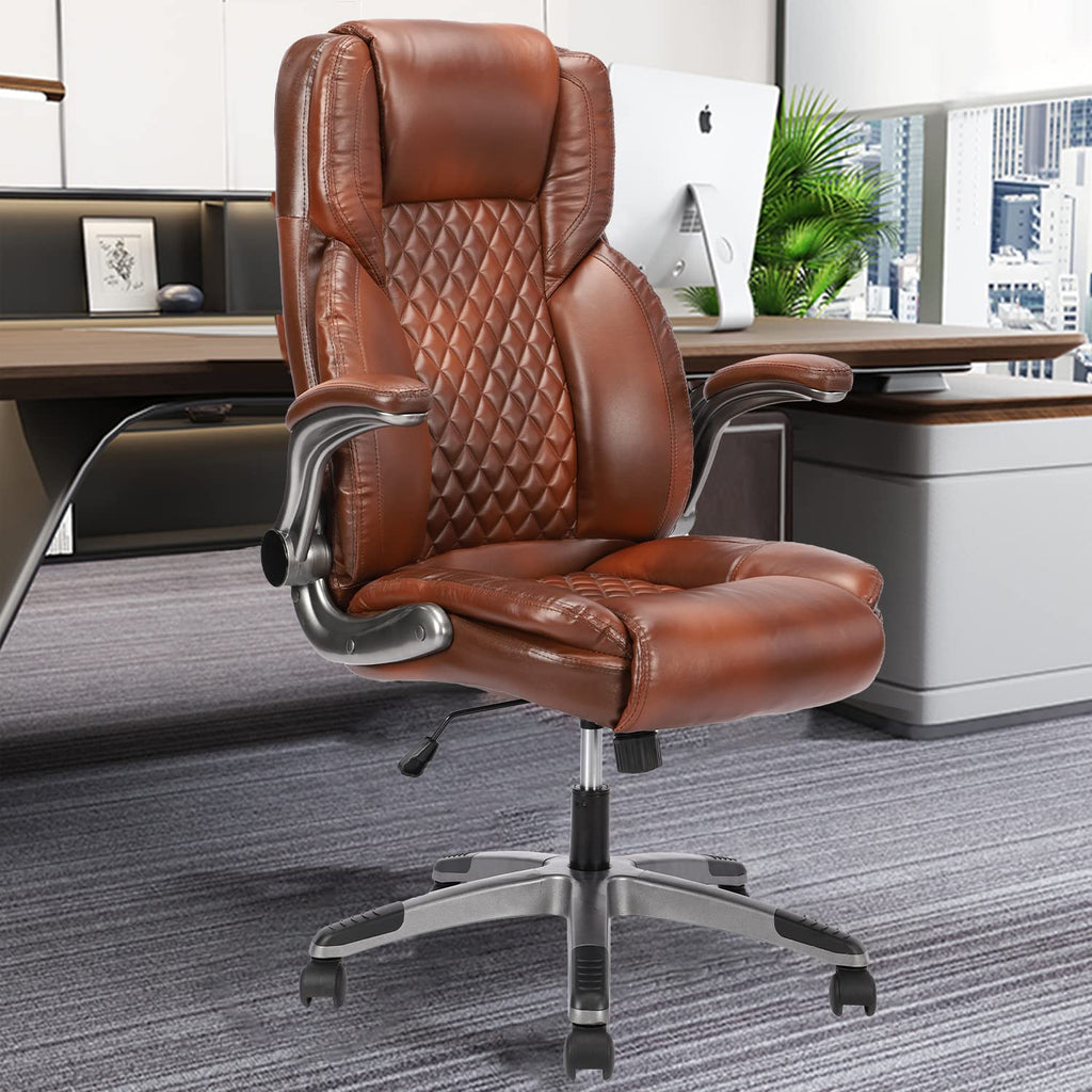 Brown Leather Executive Office Chair with Flip up Arms J283