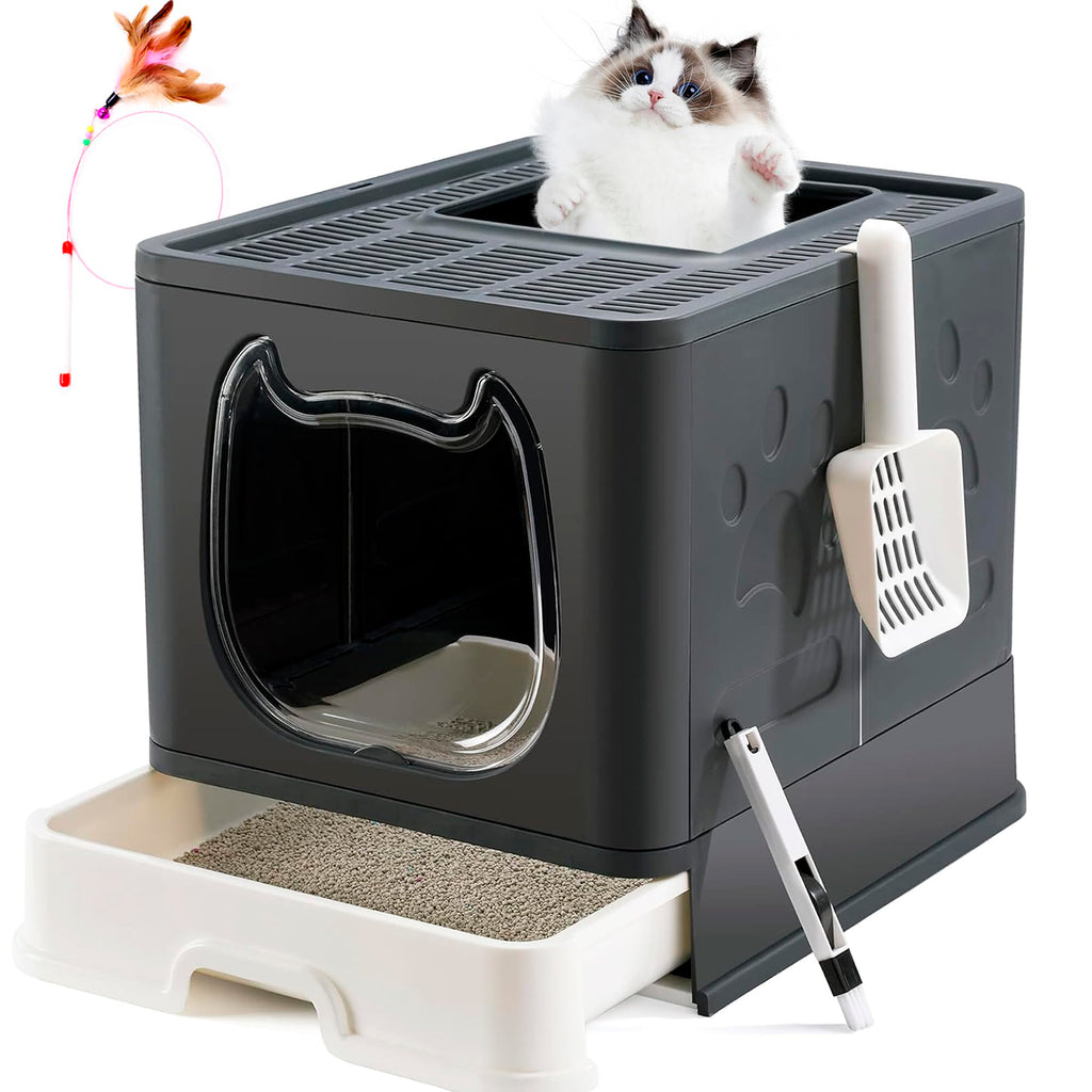 Top Entry Covered Cat Litter Box with Scoop and Brush U826