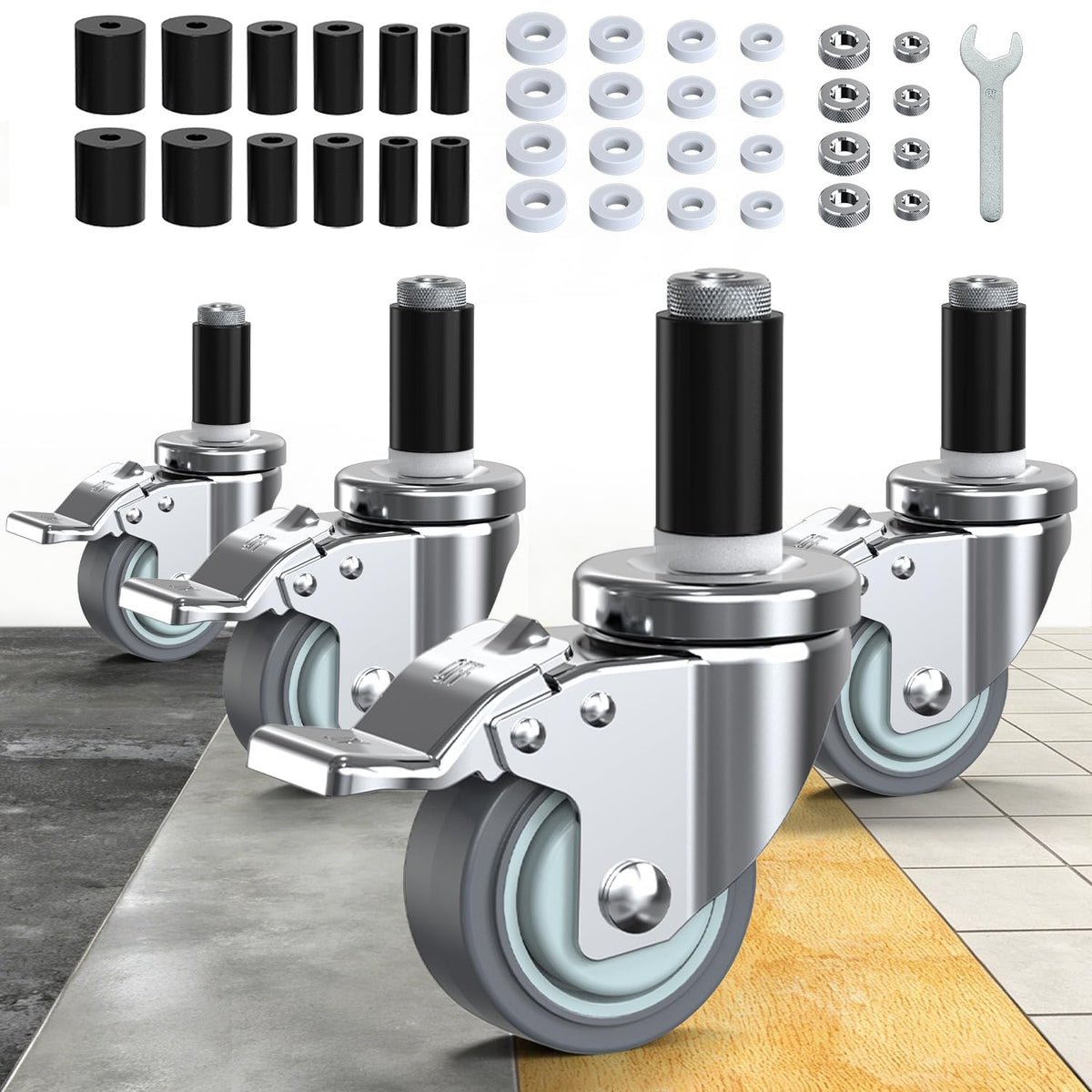 3 Inch Expanding Stem Locking Swivel Casters Set of 4 H30264