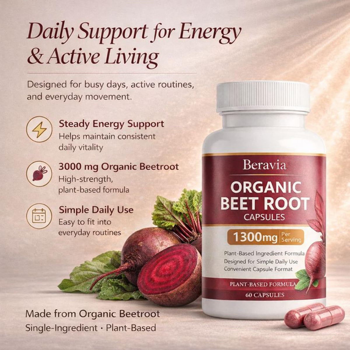Organic Beet Root Capsules 1300 mg 60 Capsules U573462