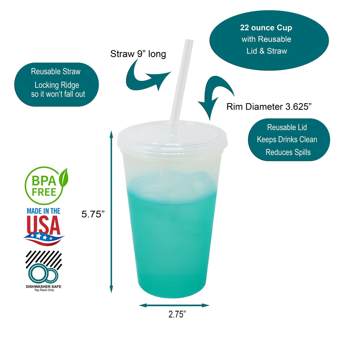 22 oz Reusable Plastic Cups with Lids and Straws, 10 Pack J1102