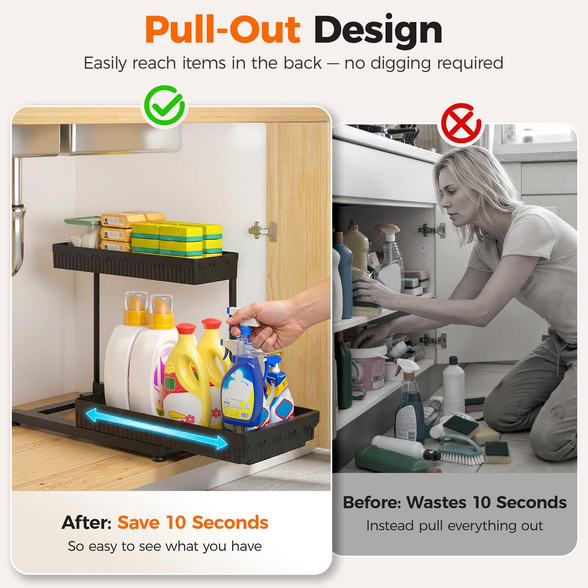 3-Pack 2-Tier L-Shaped Under Sink Organizers with Sliding Drawers U682