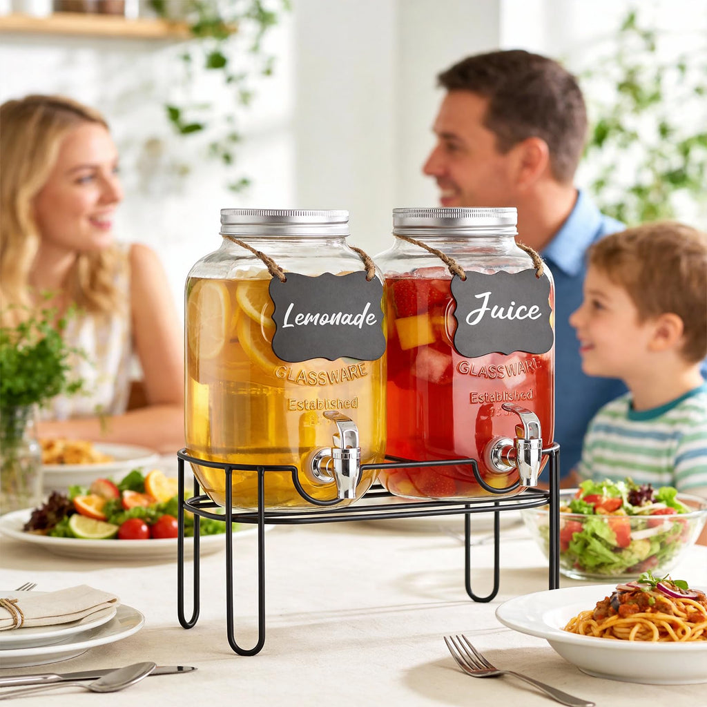 1 Gallon Glass Drink Dispenser 2 Pack with Fruit Infuser and Stand K358379