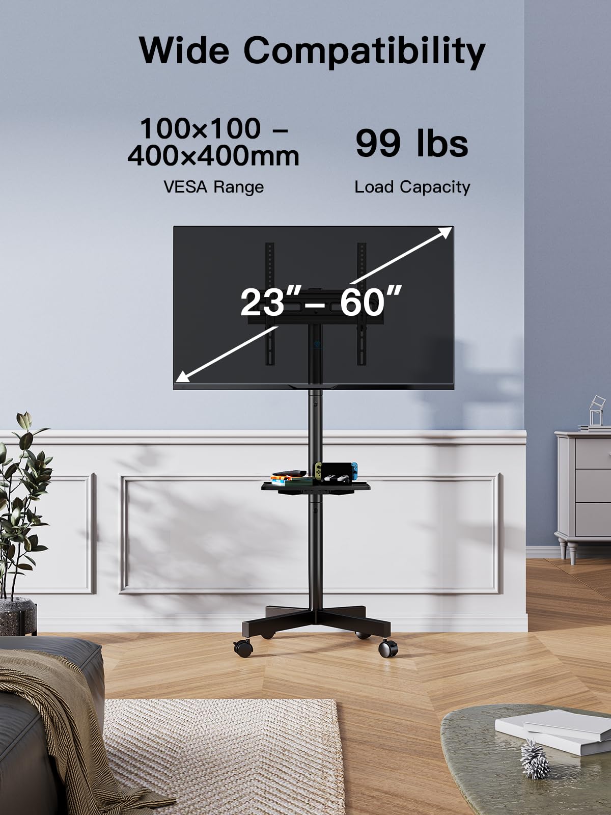 Rolling TV Stand on Wheels for 23-65 Inch TVs, Tilt Mobile TV Cart Holds up to 99 lbs with Adjustable Height Shelf E1197