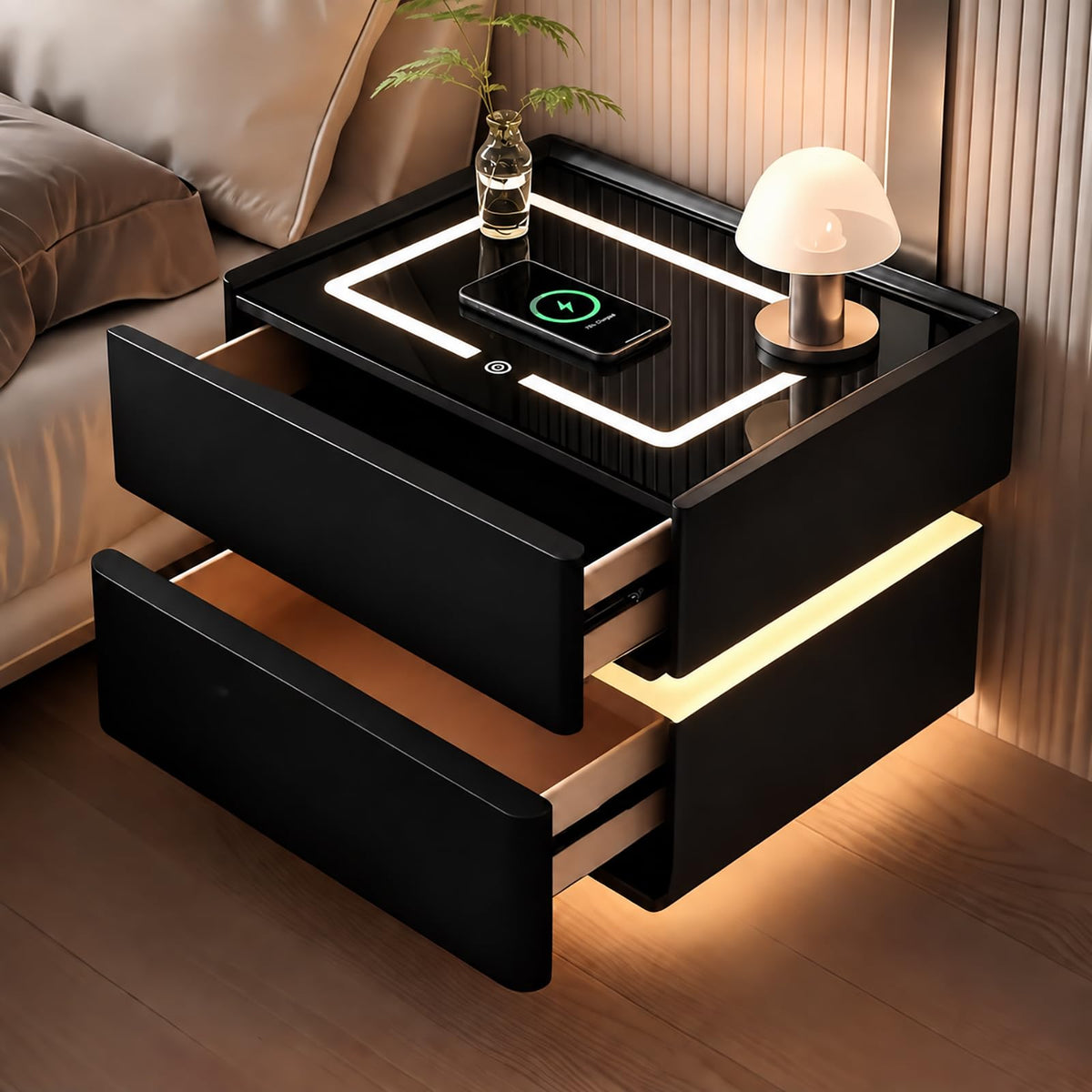 Black Solid Wood Nightstand with Wireless Charging and Drawers N204