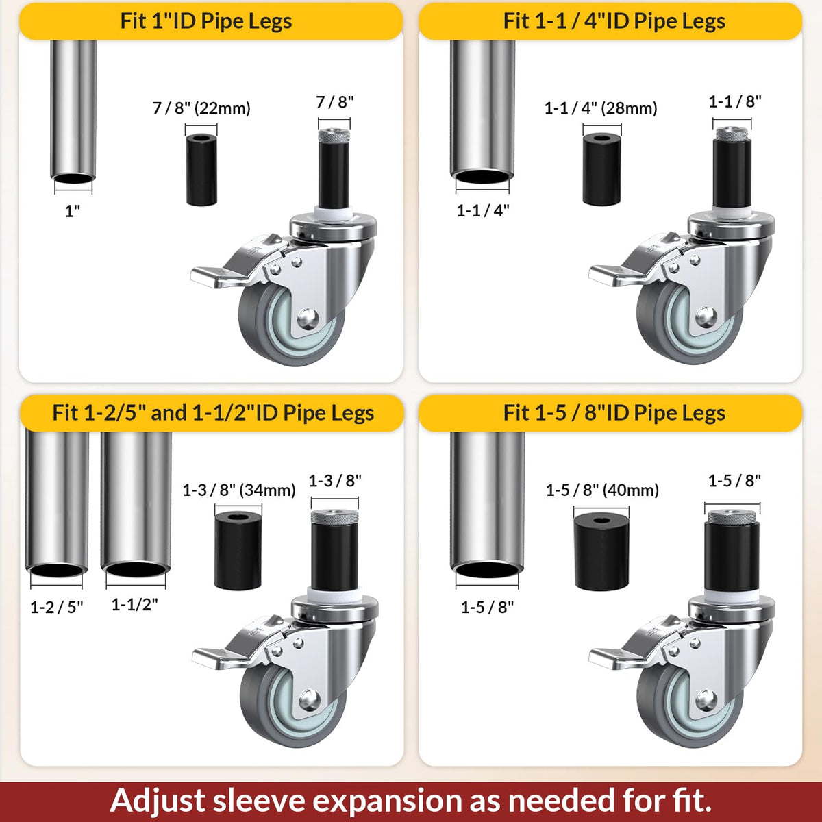 3 Inch Expanding Stem Locking Swivel Casters Set of 4 H30264