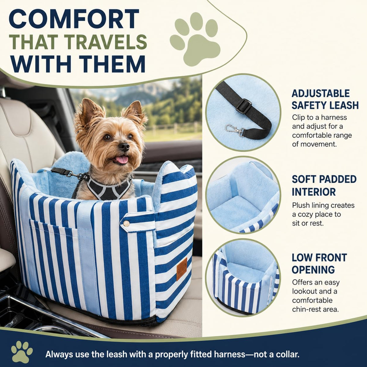 Dog Car Seat for Small Dogs to 15lbs Blue White Stripes U3189
