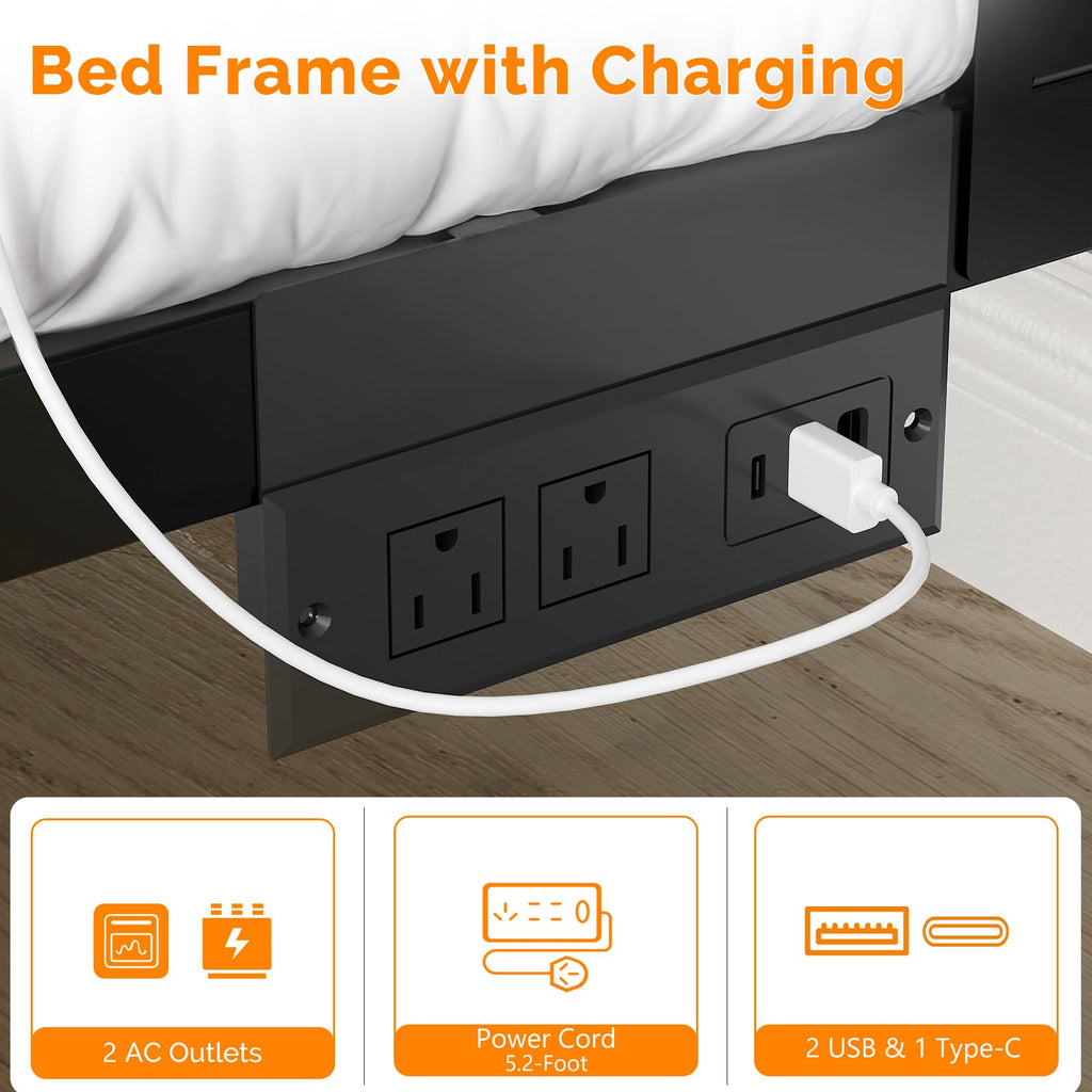 Twin Bed Frame Set of 2 with LED Headboard and USB Charging Station A4772