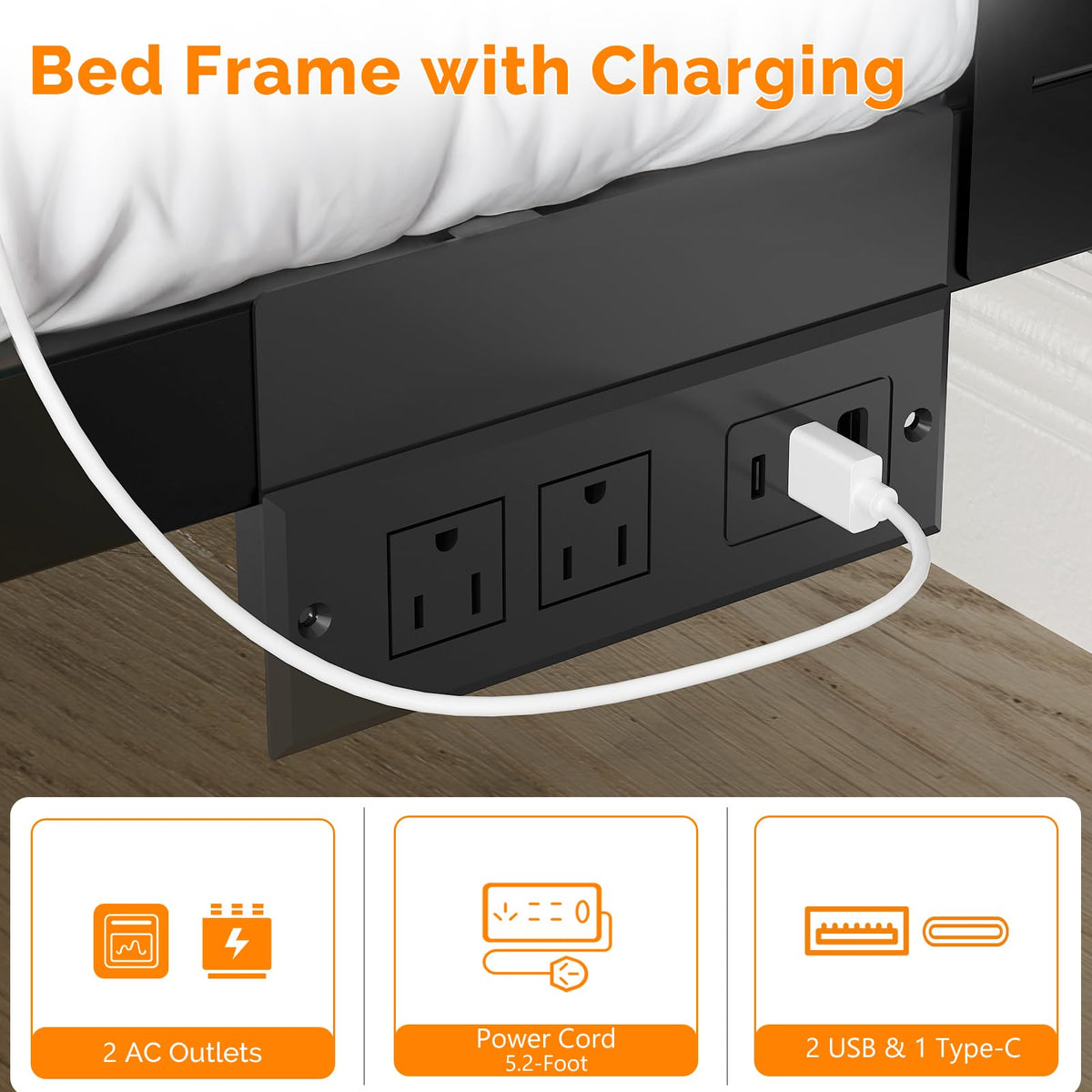 Twin Bed Frame Set of 2 with LED Headboard and USB Charging Station A4772