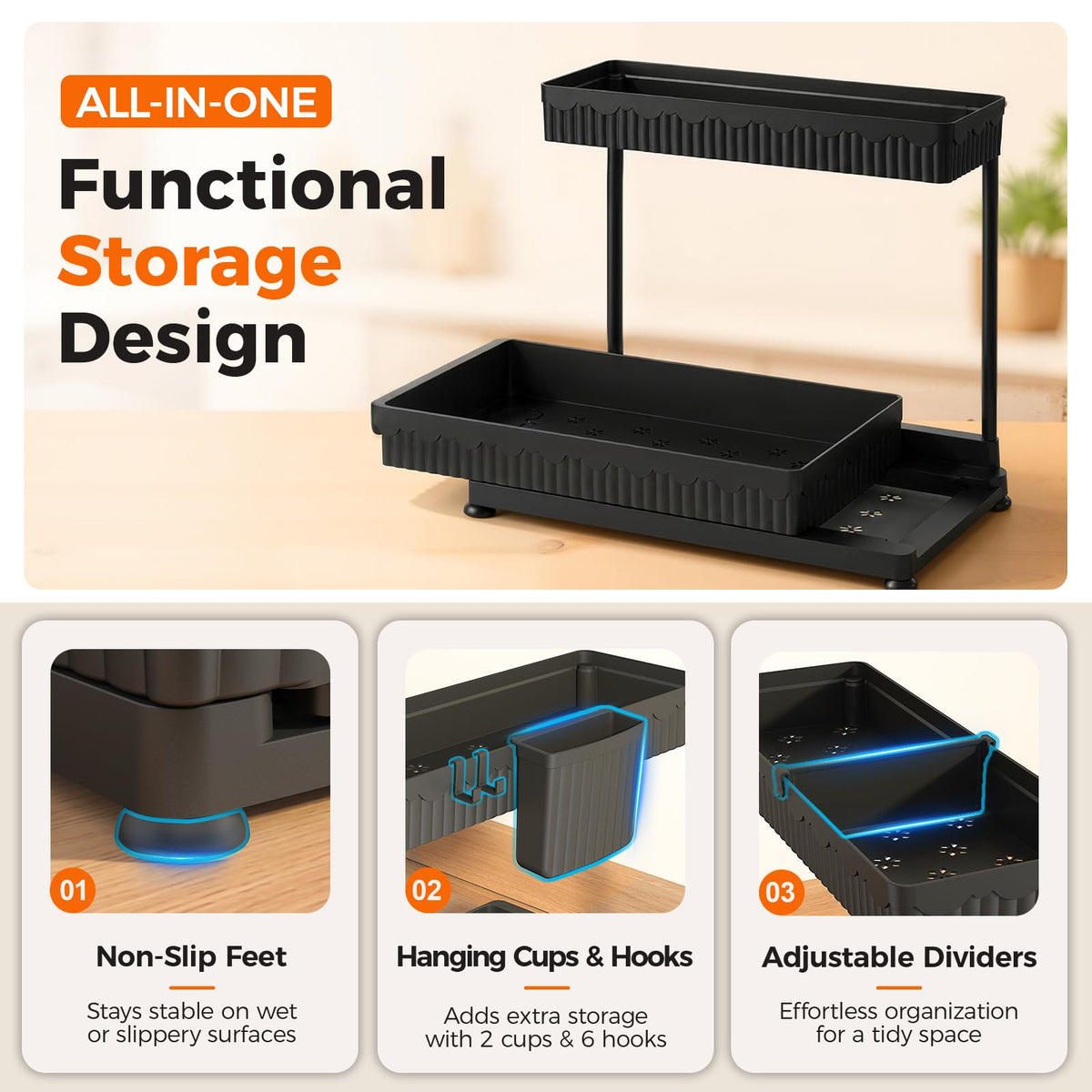 3-Pack 2-Tier L-Shaped Under Sink Organizers with Sliding Drawers U682