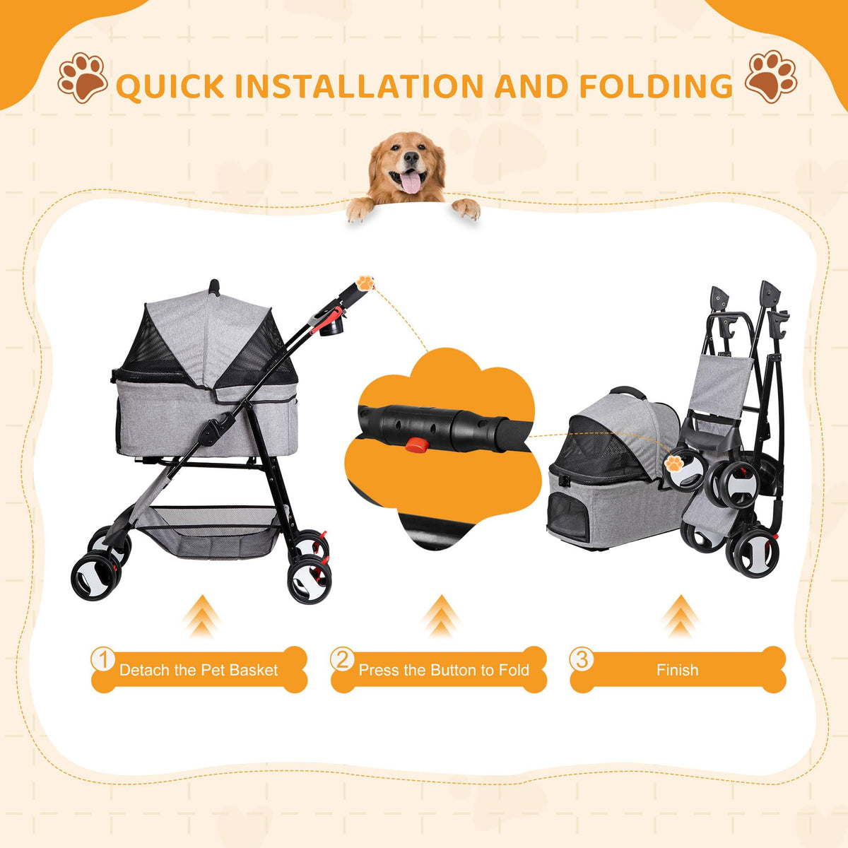 3 in1 Foldable Pet Stroller with 4 Wheels T2410