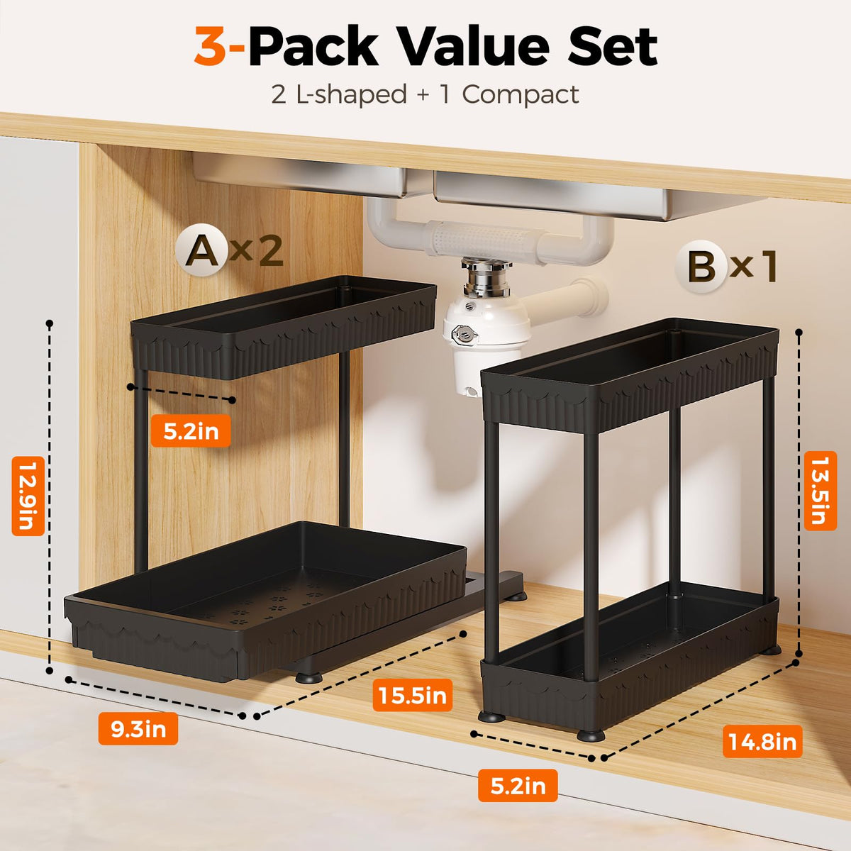 3-Pack 2-Tier L-Shaped Under Sink Organizers with Sliding Drawers U682