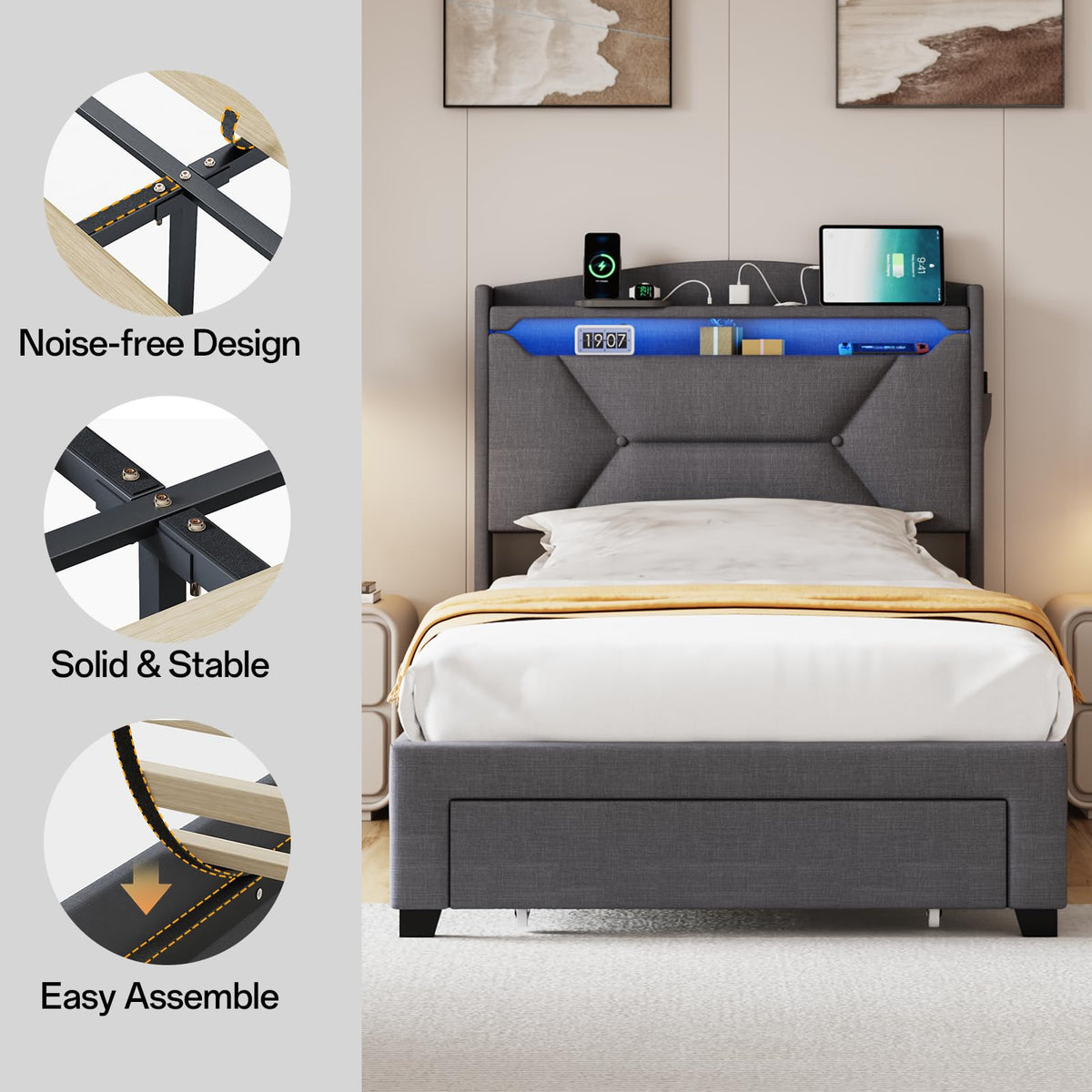 Twin Size Upholstered Bed Frame with Storage Headboard and Drawers T2859