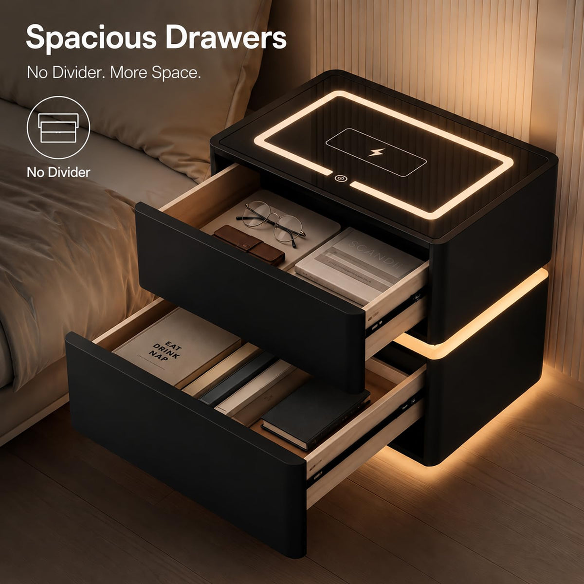 Black Solid Wood Nightstand with Wireless Charging and Drawers N204