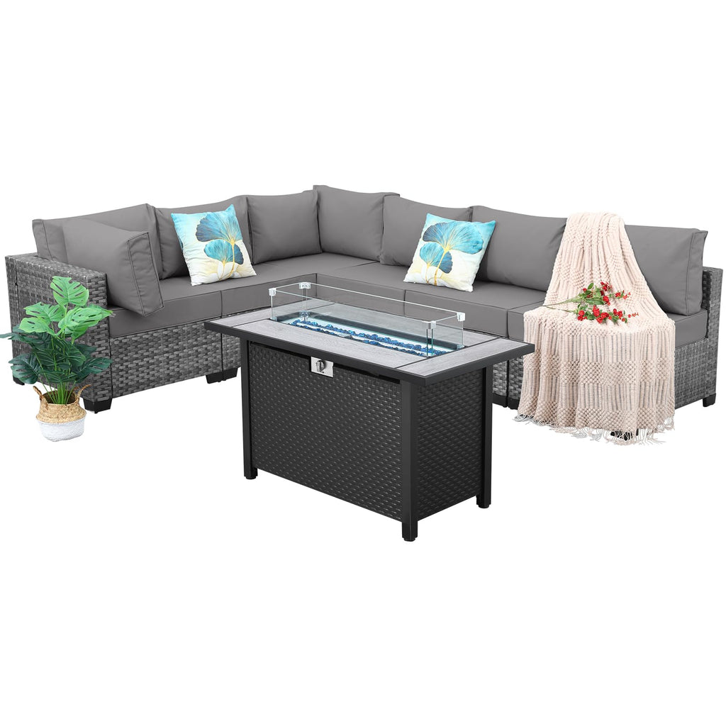 7 Pieces Wicker Patio Furniture Set with Fire Pit Table R959
